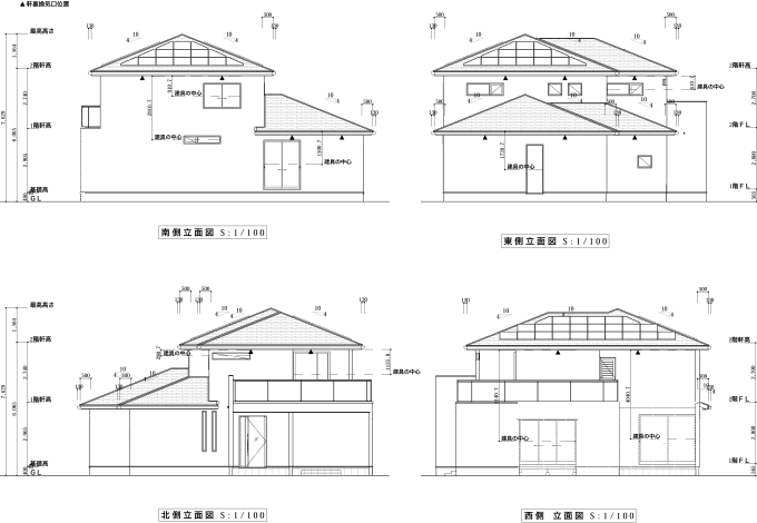 平面図や屋根伏図から自動生成された立面図